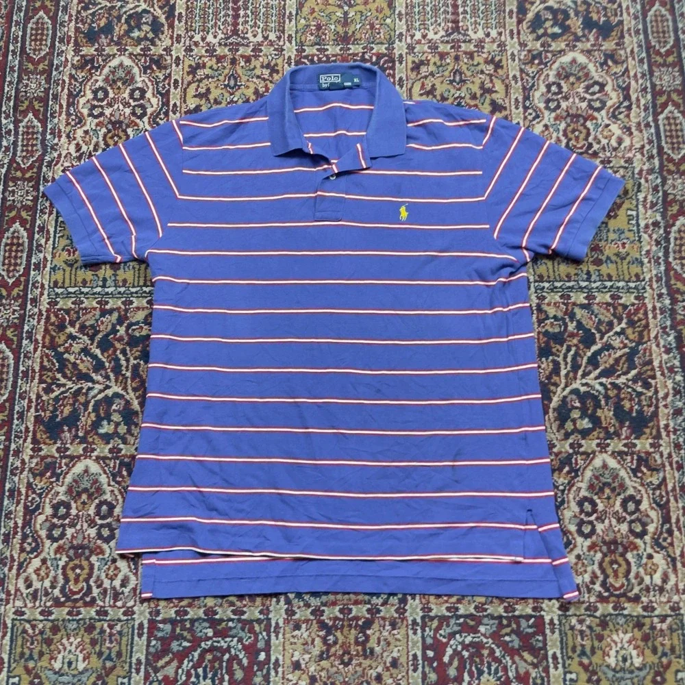 VTG 90s Polo Ralph Lauren XL Blue Striped Short Sleeve Cotton Pique Polo Shirt